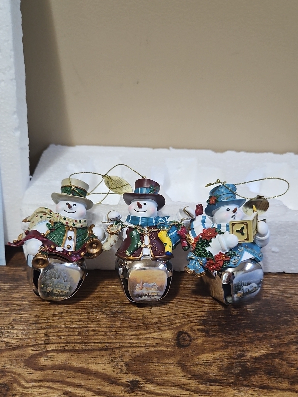 Thomas Kinkade Snow-Bell Holidays Snowman Ornament Collection 2009 Set Of 3
